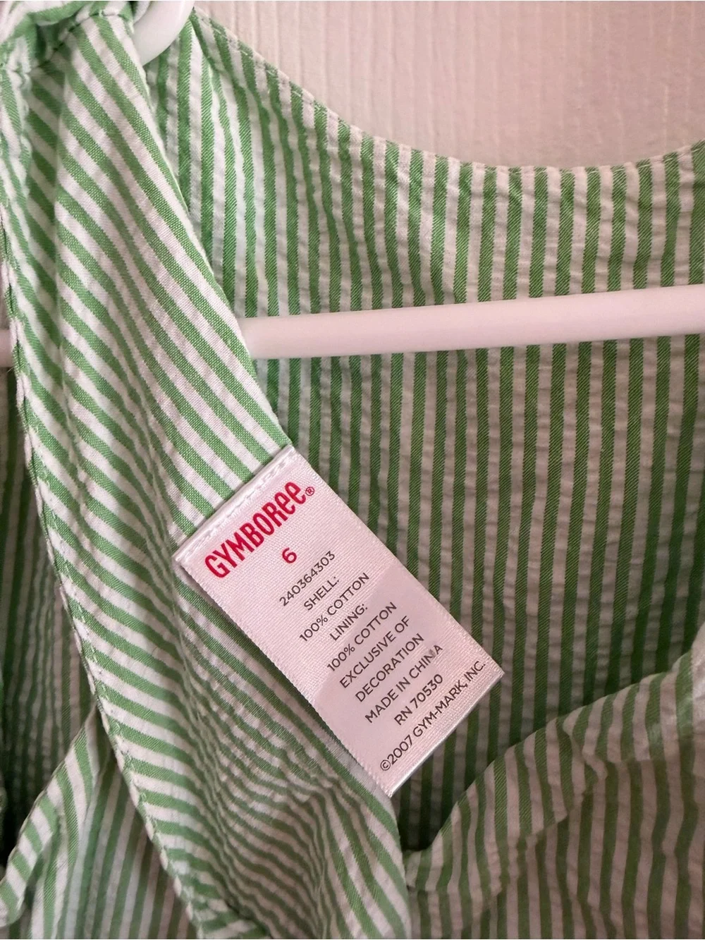 Gymboree Light Green Seersucker Dress with White Ribbon - Size 6